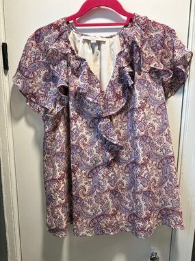 NWOT LOFT Cream Paisley Ruffle Short Sleeve Blouse